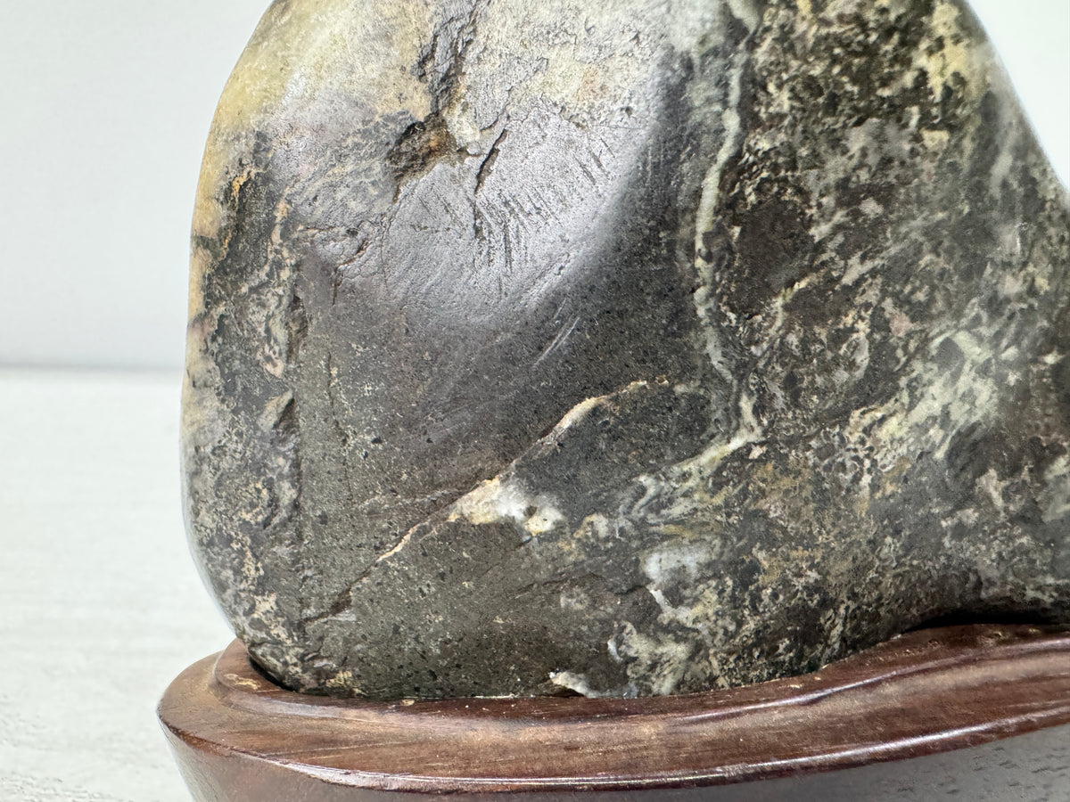 Y11058 OKIMONO Chrysanthemum stone wooden stand Suiseki Japan antique interior