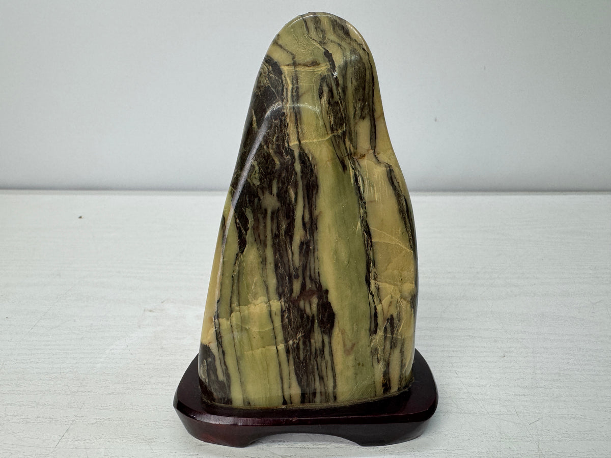 Y11059 OKIMONO Striped Agate viewing stone wooden stand Japan antique interior