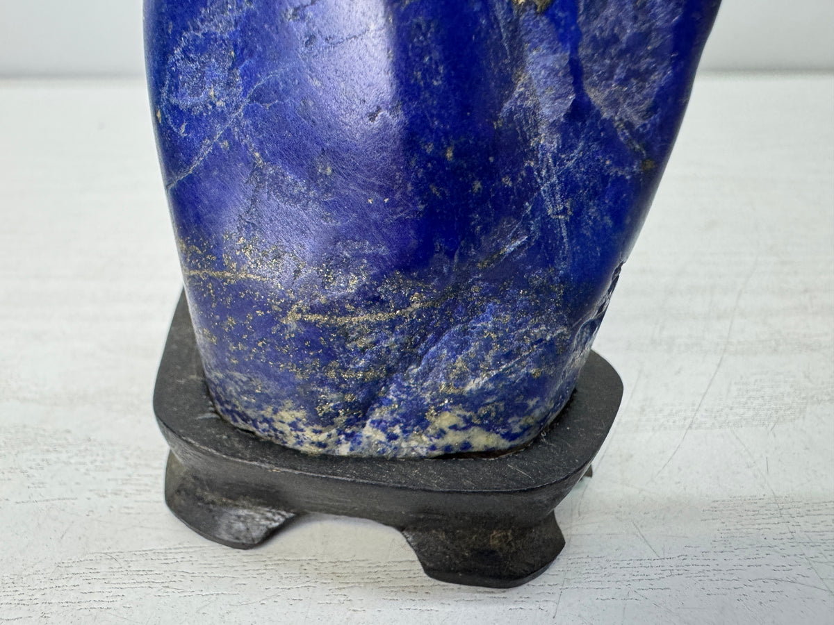 Y11061 OKIMONO Lapis Lazuli raw stone wooden stand Gemstone Japan antique decor