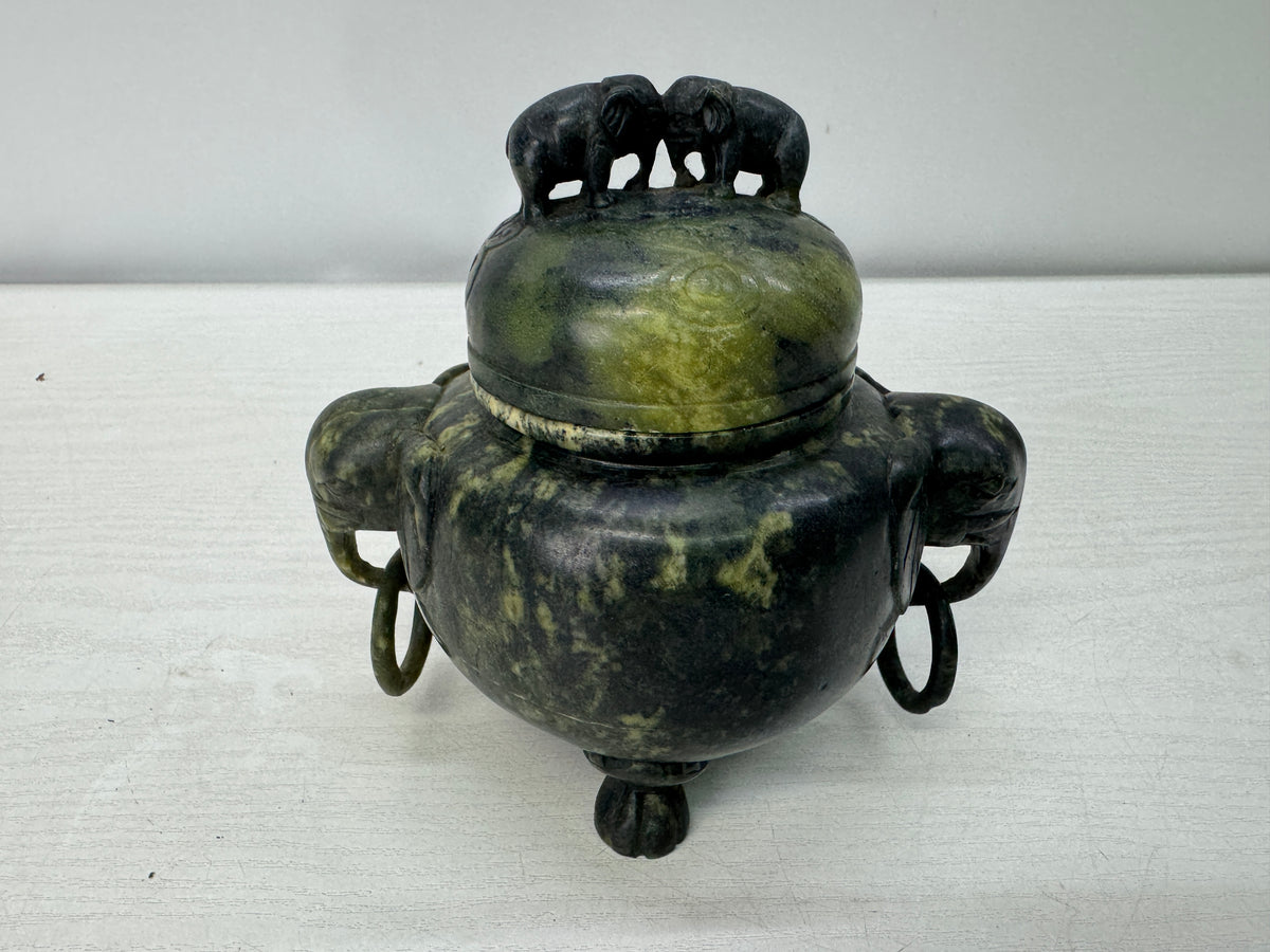 Y11077 KOURO green stone Elephant handle knob China antique Incense Burner aroma