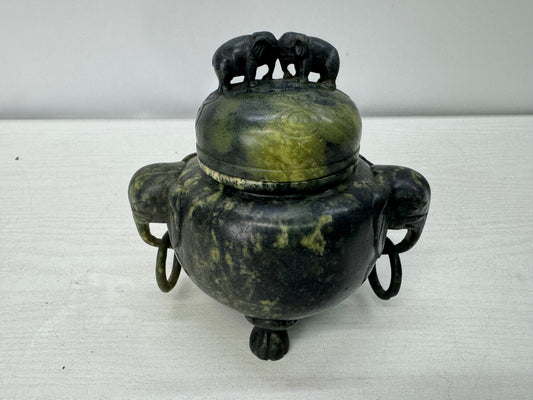 Y11077 KOURO green stone Elephant handle knob China antique Incense Burner aroma