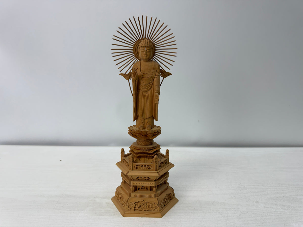 Y11078 STATUE plain wood carving Standing Amida Nyorai Japan antique Buddhism