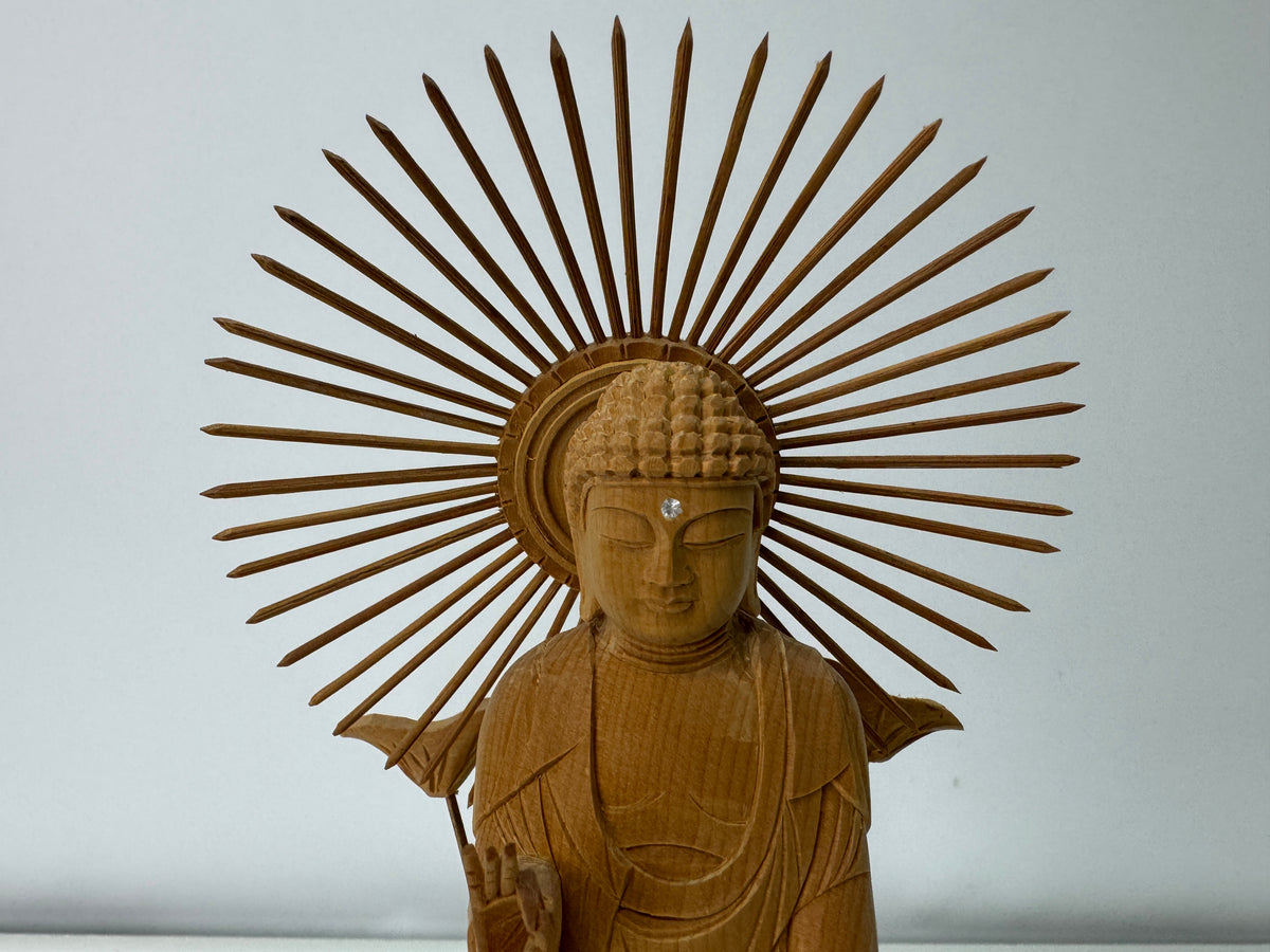Y11078 STATUE plain wood carving Standing Amida Nyorai Japan antique Buddhism
