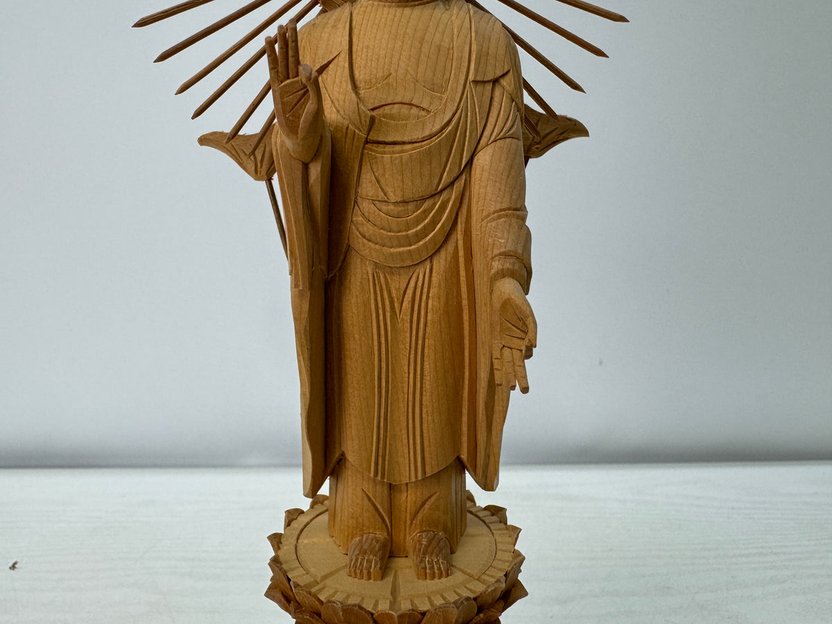 Y11078 STATUE plain wood carving Standing Amida Nyorai Japan antique Buddhism