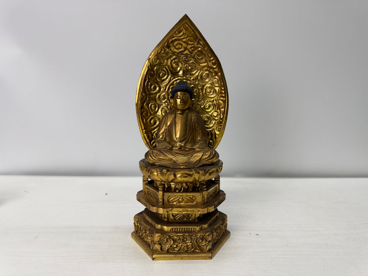 Y11080 STATUE wood caving gold leaf seated figure Japan antique Buddhist art