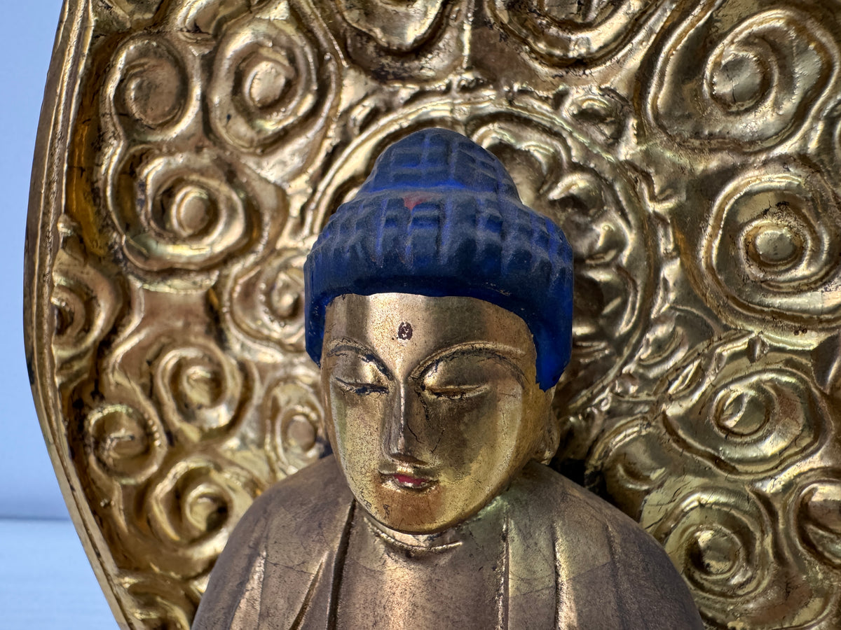 Y11080 STATUE wood caving gold leaf seated figure Japan antique Buddhist art