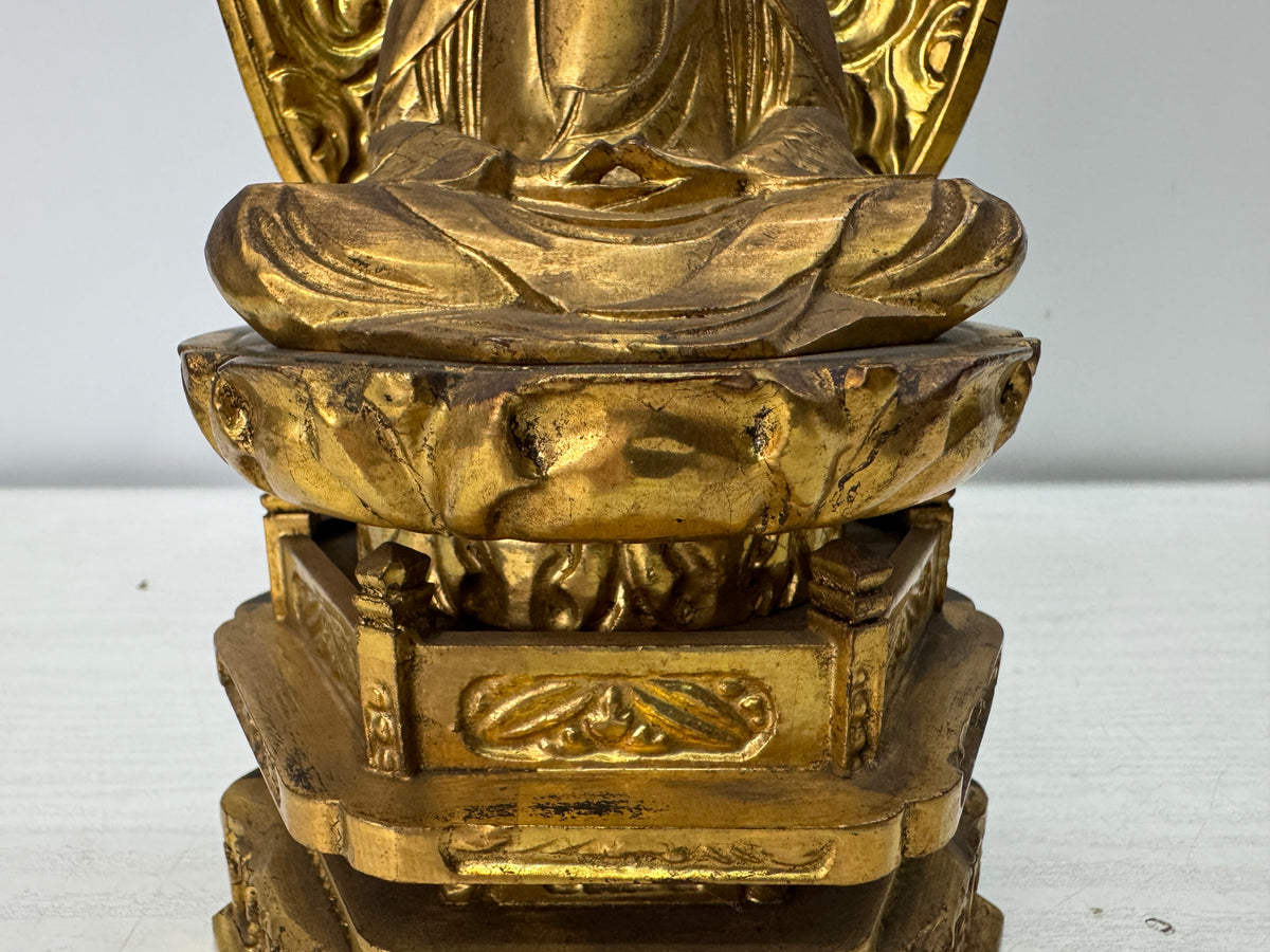 Y11080 STATUE wood caving gold leaf seated figure Japan antique Buddhist art