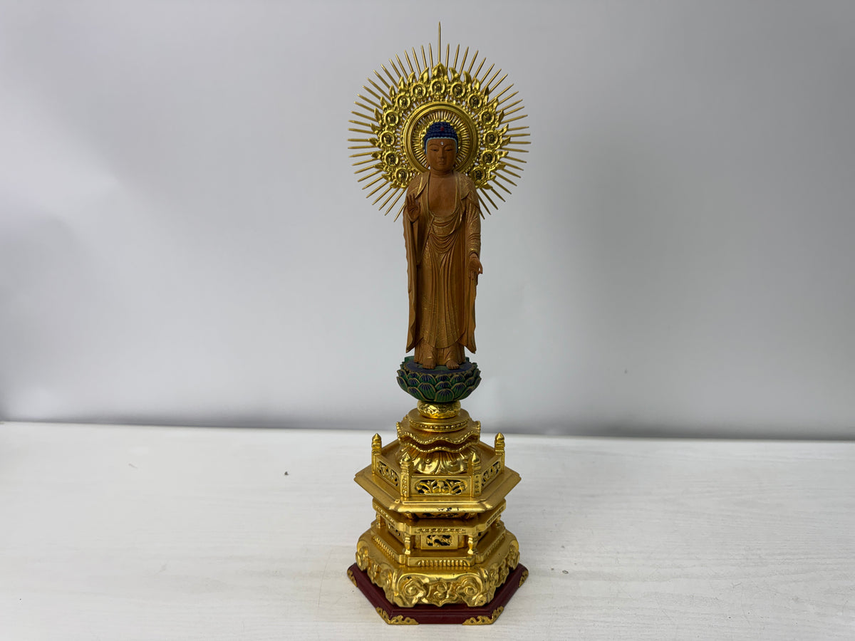 Y11081 STATUE wood carving Standing Amida Nyorai Japan antique Buddhist art
