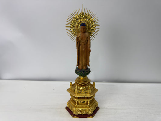 Y11081 STATUE wood carving Standing Amida Nyorai Japan antique Buddhist art