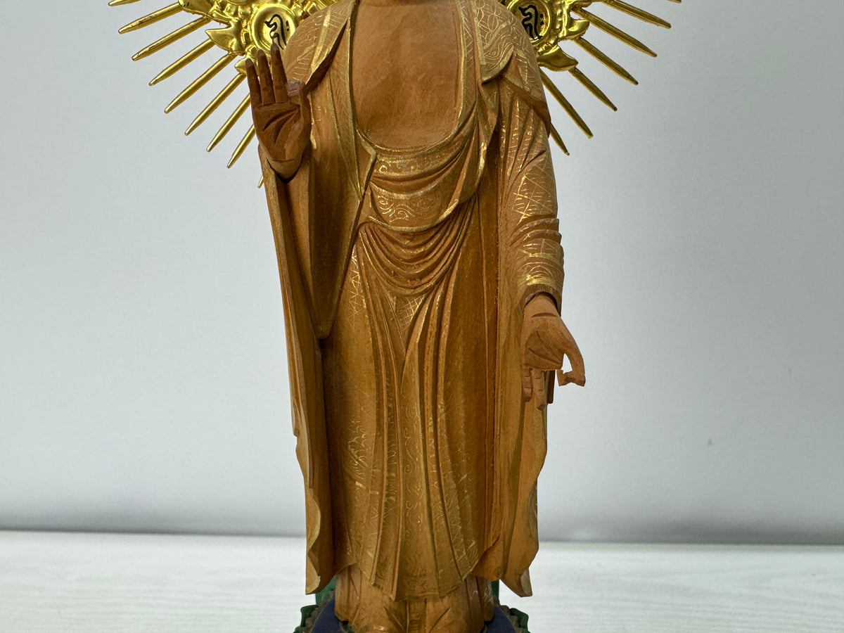 Y11081 STATUE wood carving Standing Amida Nyorai Japan antique Buddhist art
