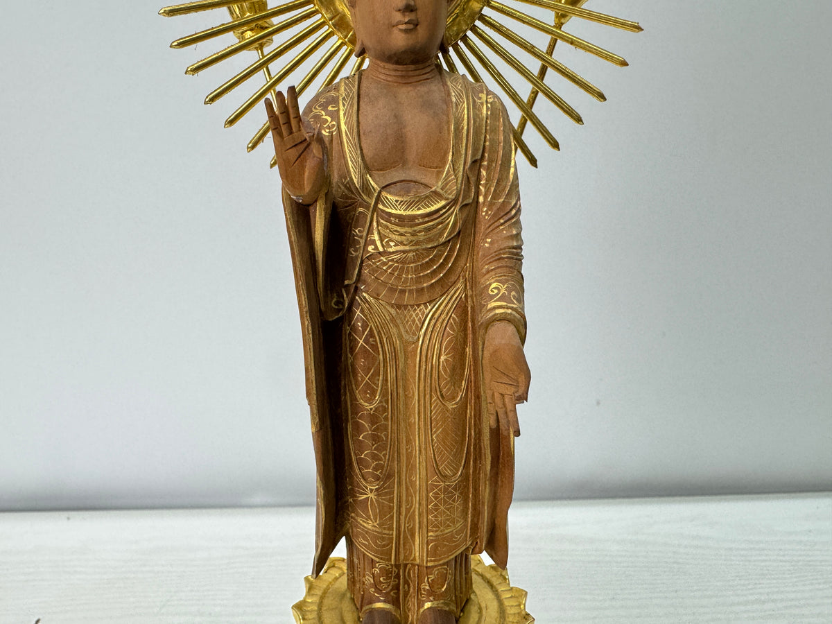 Y11082 STATUE plain wood carving gold leaf Buddha figure Japan antique Buddhisn