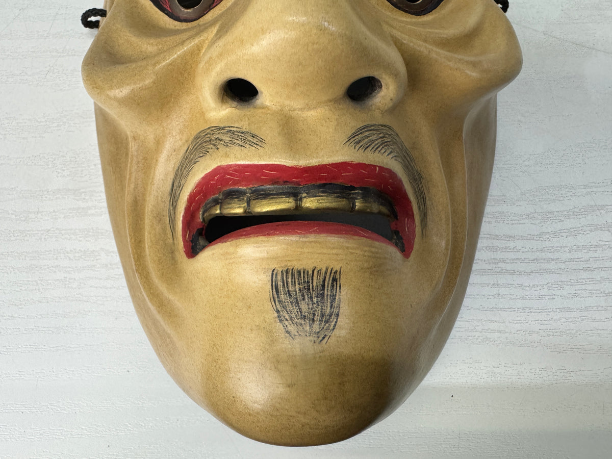 Y11086 NOH MASK wood carving Ikkaku Sennin signed Japan antique omen dance drama