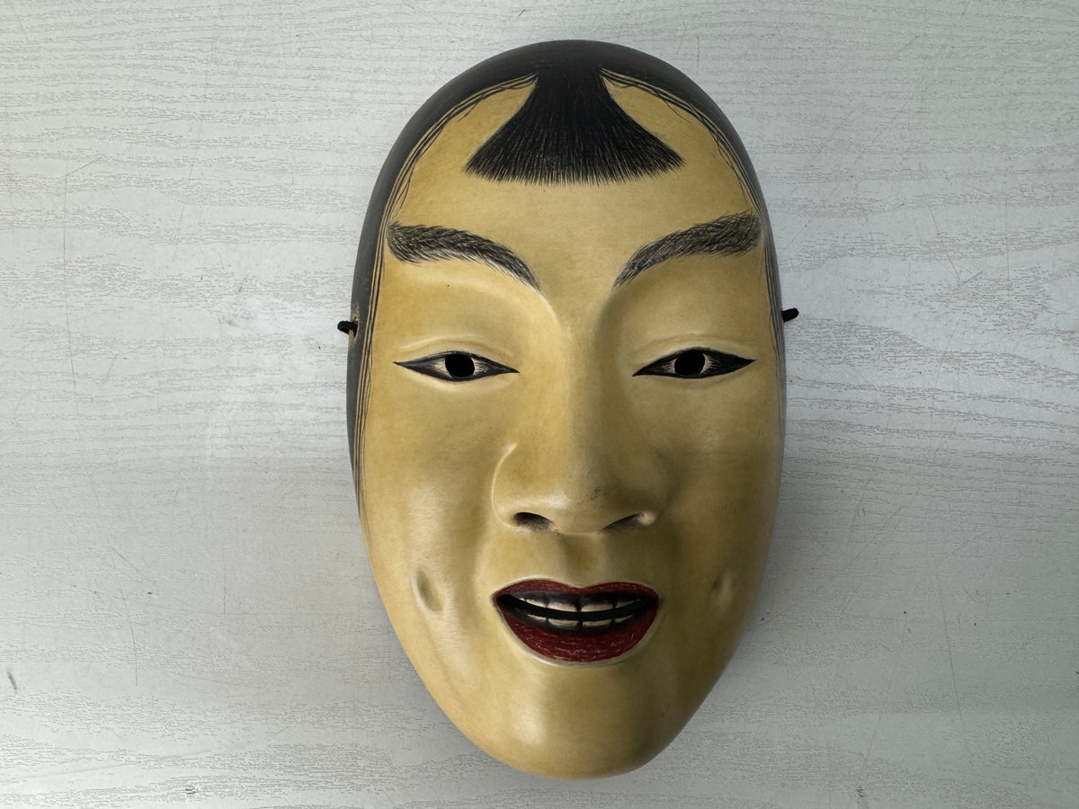 Y11090 NOH MASK wood carving Kasshiki signed Japan antique omen men dance drama
