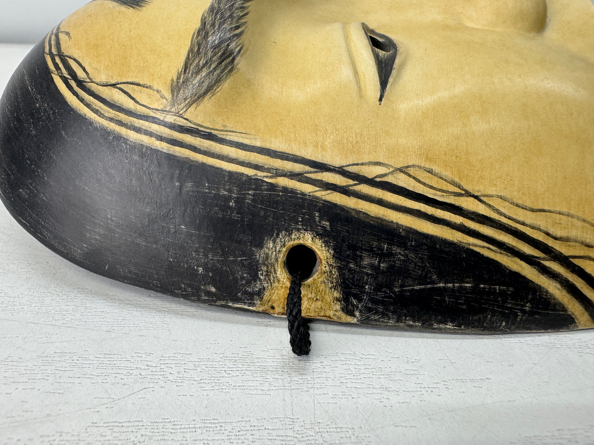 Y11090 NOH MASK wood carving Kasshiki signed Japan antique omen men dance drama