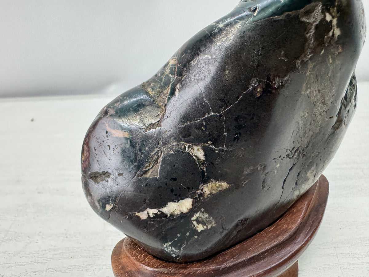 Y11094 OKIMONO Chrysanthemum viewing stone wooden stand Japan antique interior