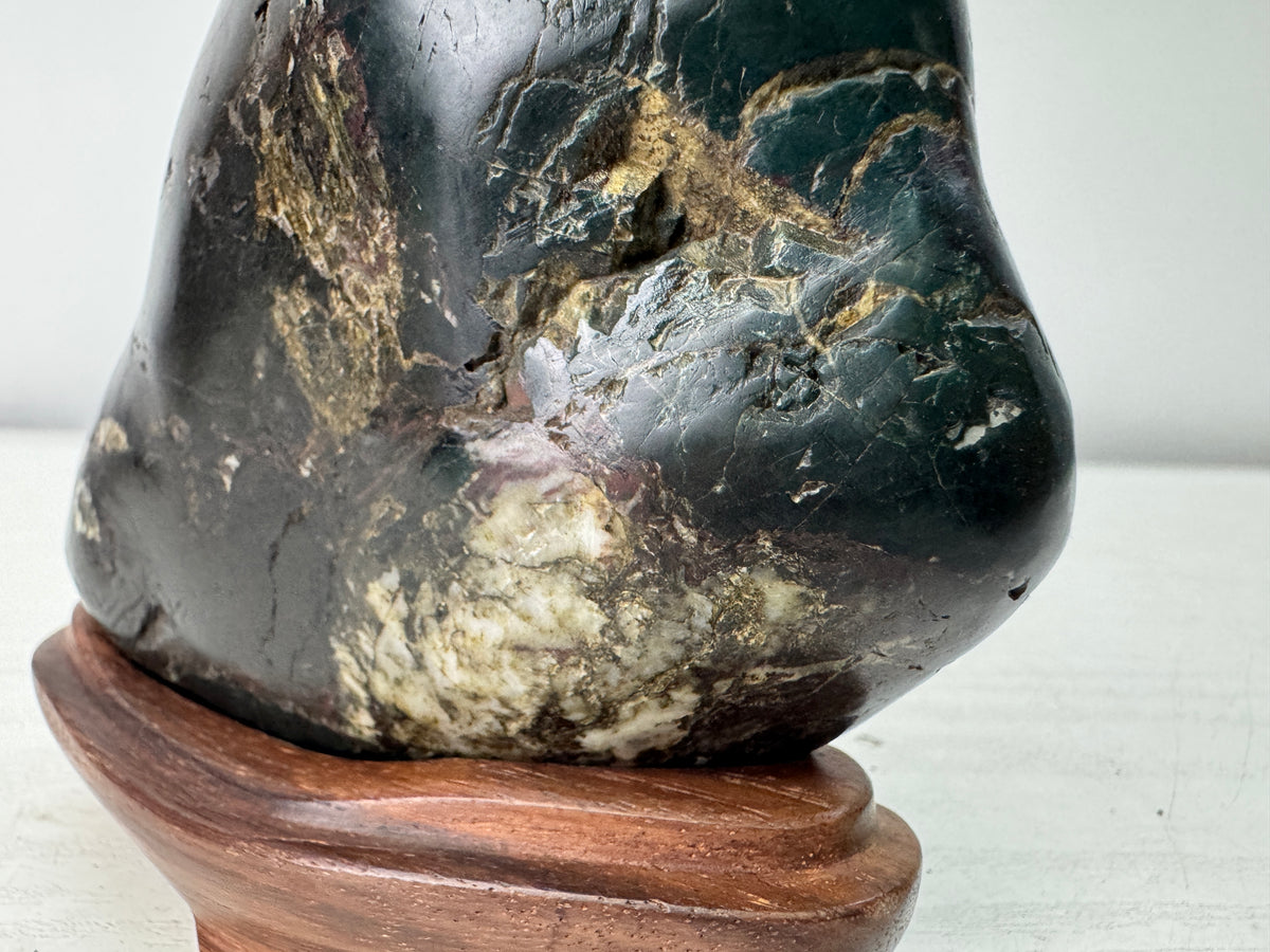 Y11094 OKIMONO Chrysanthemum viewing stone wooden stand Japan antique interior