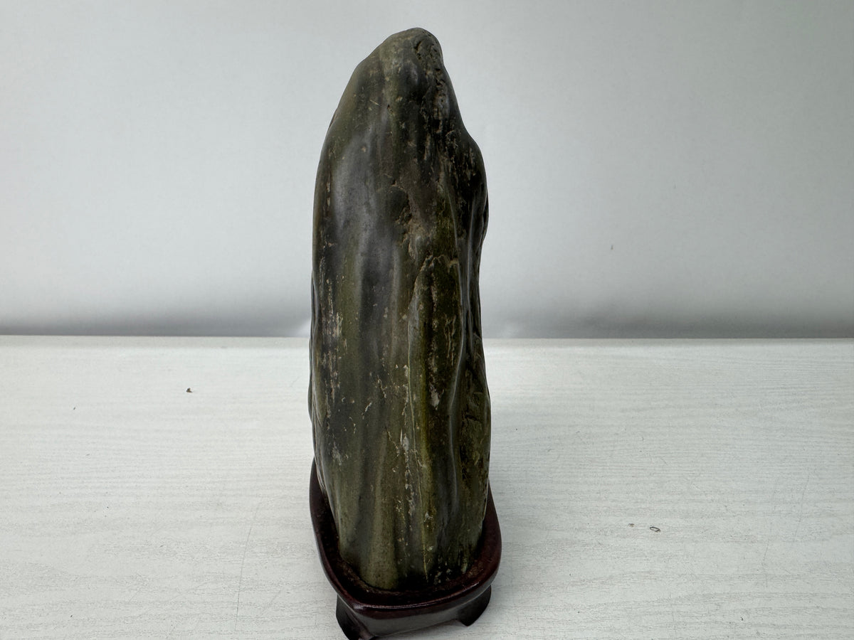 Y11095 OKIMONO Green viewing stone Suiseki wooden stand Japan antique interior