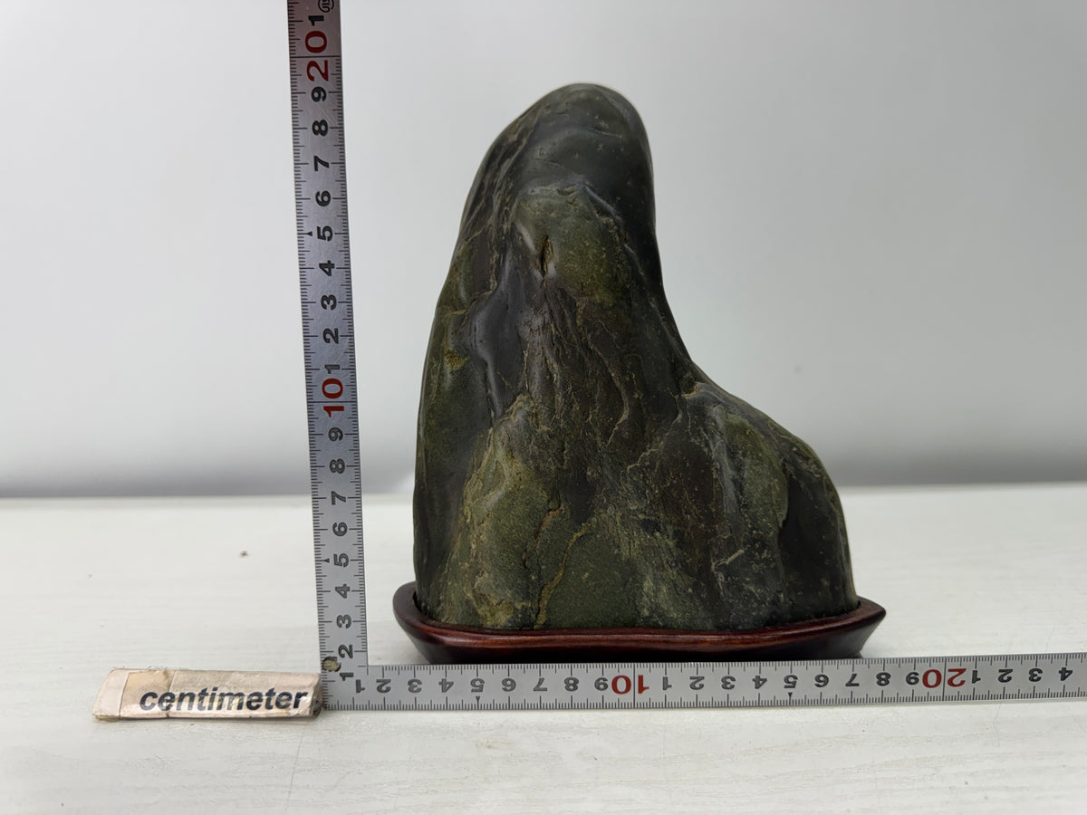 Y11095 OKIMONO Green viewing stone Suiseki wooden stand Japan antique interior