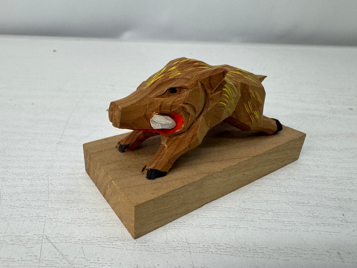Y11099 OKIMONO small wood caving Boar figurine Japan antique interior ornament