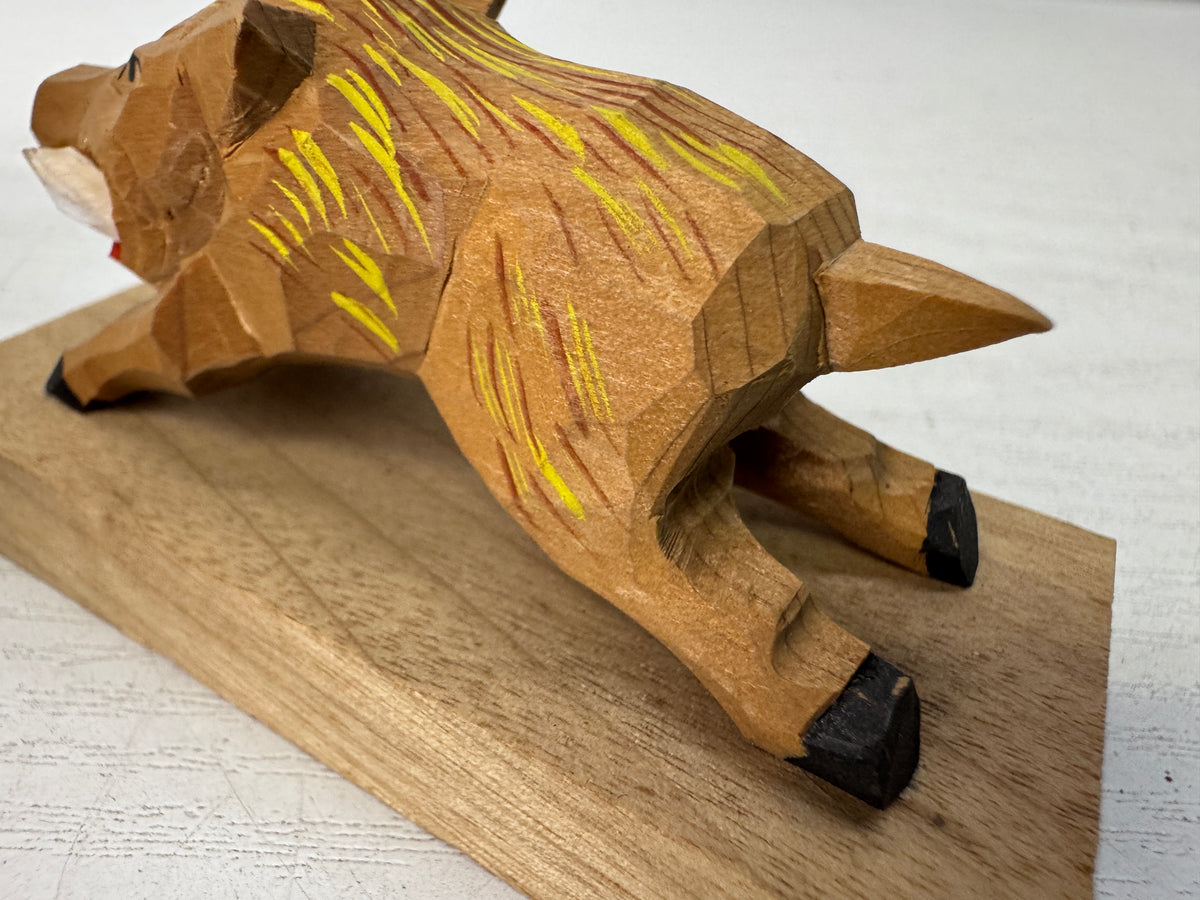 Y11099 OKIMONO small wood caving Boar figurine Japan antique interior ornament