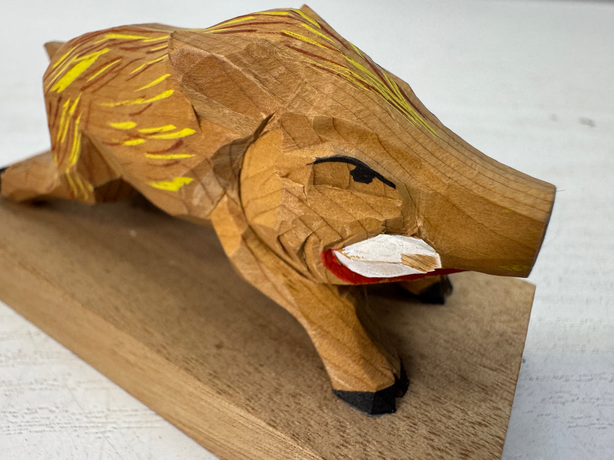 Y11099 OKIMONO small wood caving Boar figurine Japan antique interior ornament