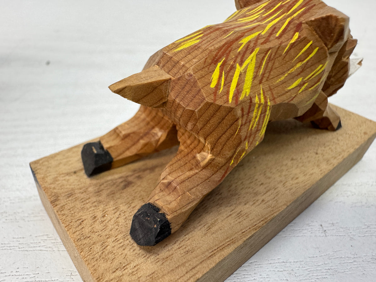 Y11099 OKIMONO small wood caving Boar figurine Japan antique interior ornament