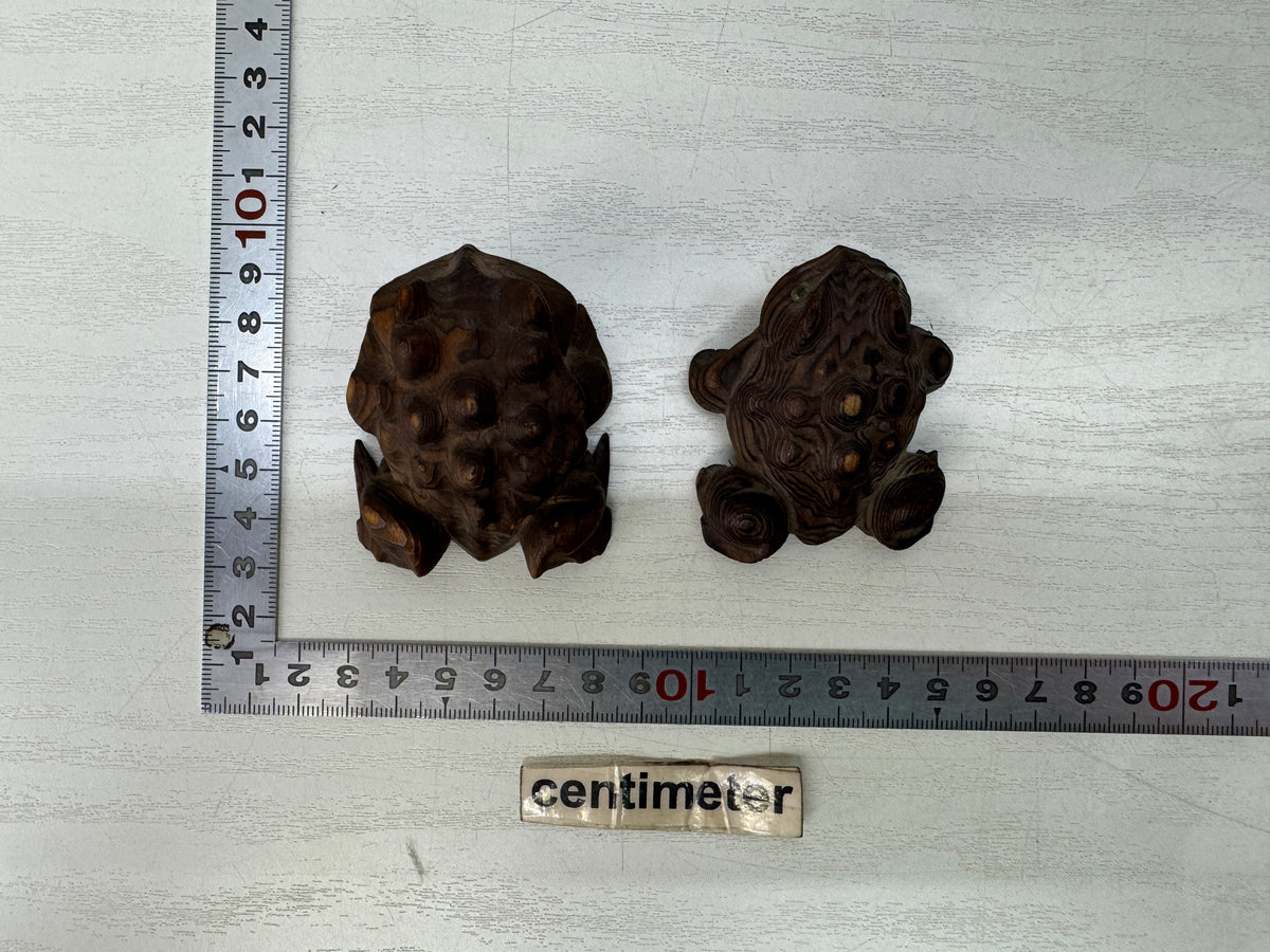 Y11101 OKIMONO wood carving 2 Frogs crystal eyes Japan antique interior ornament