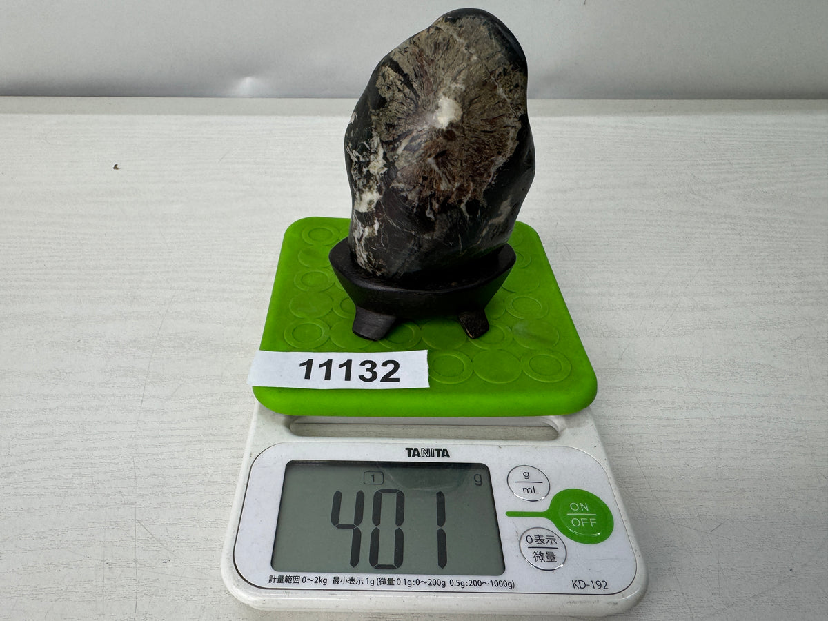 Y11132 OKIMONO Chrysanthemum stone wooden stand Japan antique interior ornament