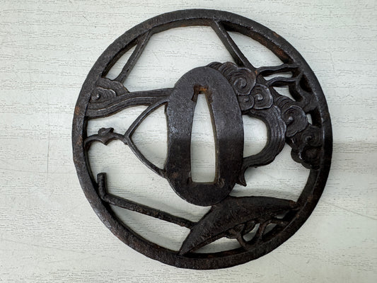 Y11141 TSUBA Iron Sword guard Openwork wave umbrella Samurai Japan antique bushi