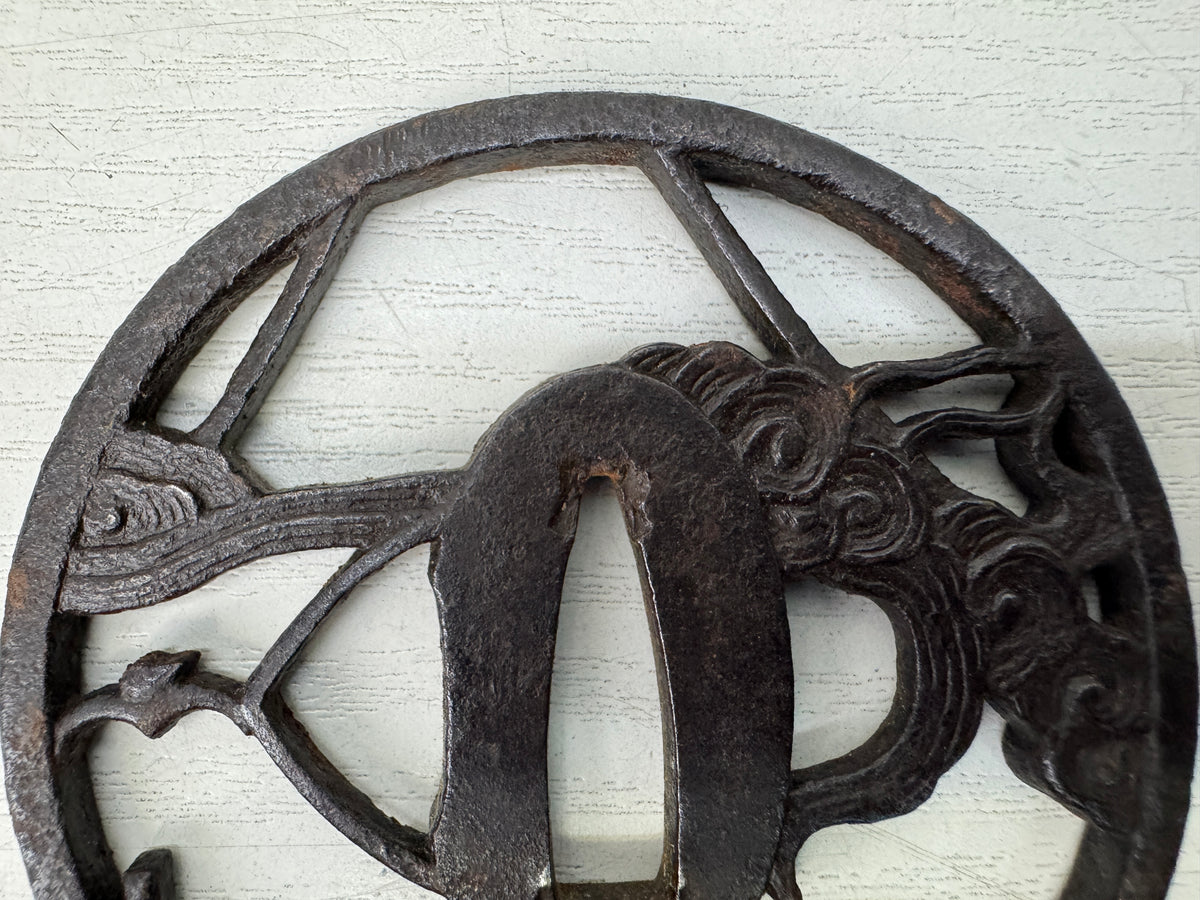 Y11141 TSUBA Iron Sword guard Openwork wave umbrella Samurai Japan antique bushi