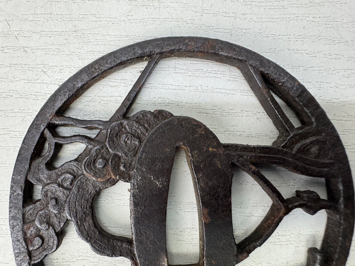 Y11141 TSUBA Iron Sword guard Openwork wave umbrella Samurai Japan antique bushi