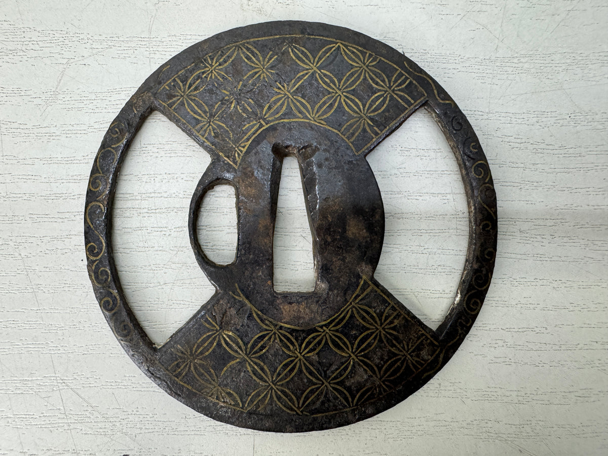 Y11142 TSUBA Iron Sword guard Shippo 7 treasures pattern Inlay Japan antique