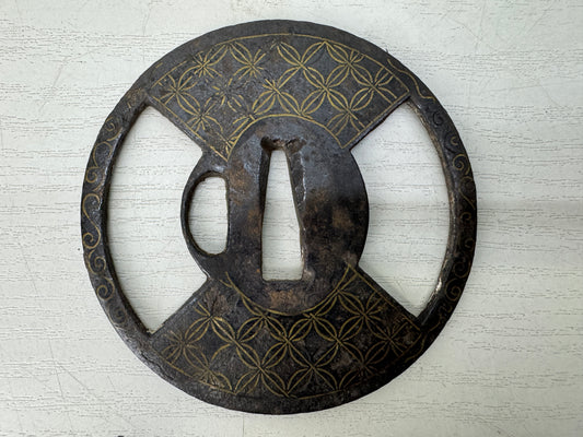 Y11142 TSUBA Iron Sword guard Shippo 7 treasures pattern Inlay Japan antique