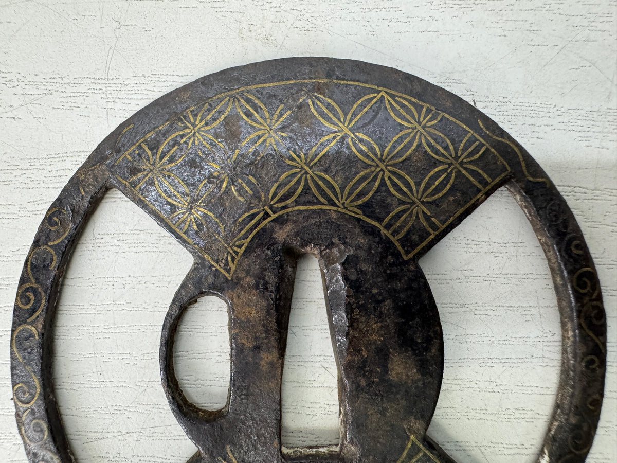 Y11142 TSUBA Iron Sword guard Shippo 7 treasures pattern Inlay Japan antique
