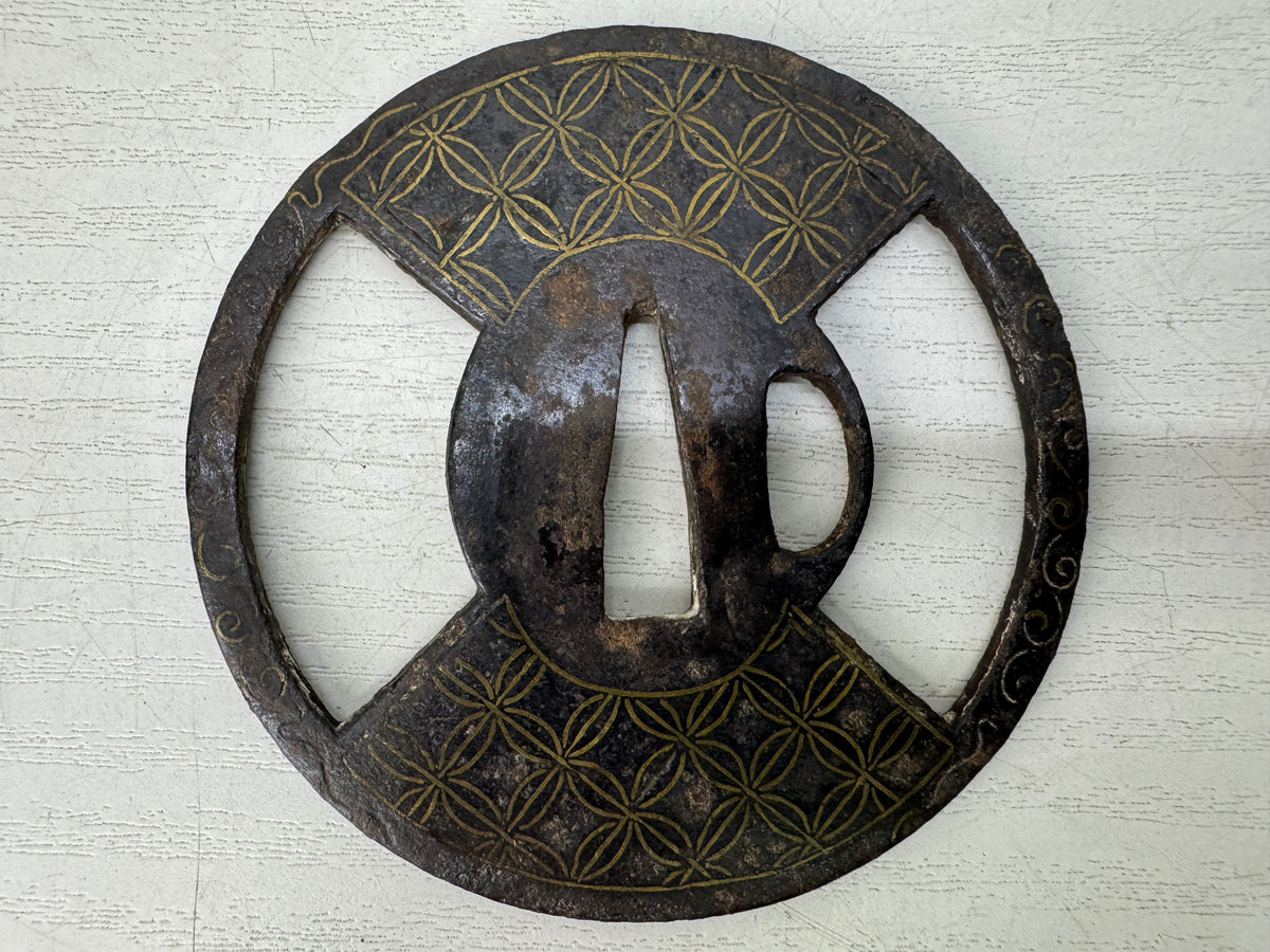 Y11142 TSUBA Iron Sword guard Shippo 7 treasures pattern Inlay Japan antique