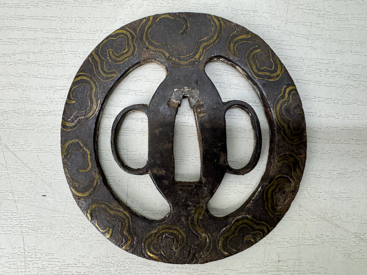 Y11143 TSUBA Iron Sword guard spiral design Inlay　 Japan antique Samurai bushi