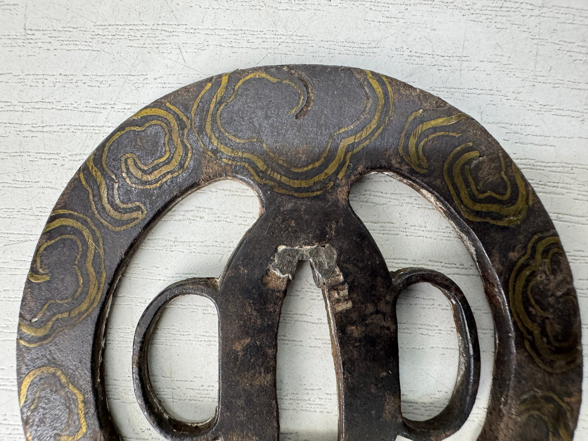 Y11143 TSUBA Iron Sword guard spiral design Inlay　 Japan antique Samurai bushi