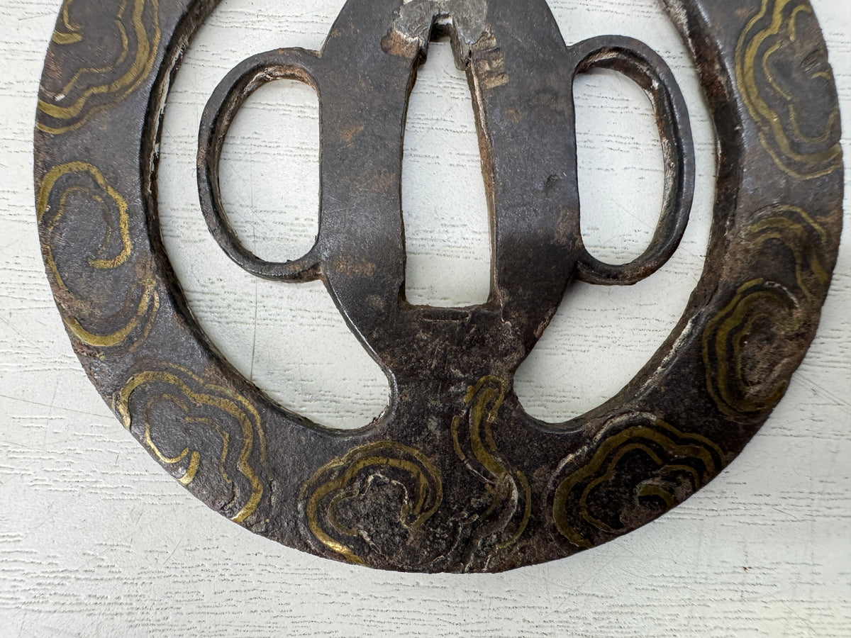 Y11143 TSUBA Iron Sword guard spiral design Inlay　 Japan antique Samurai bushi