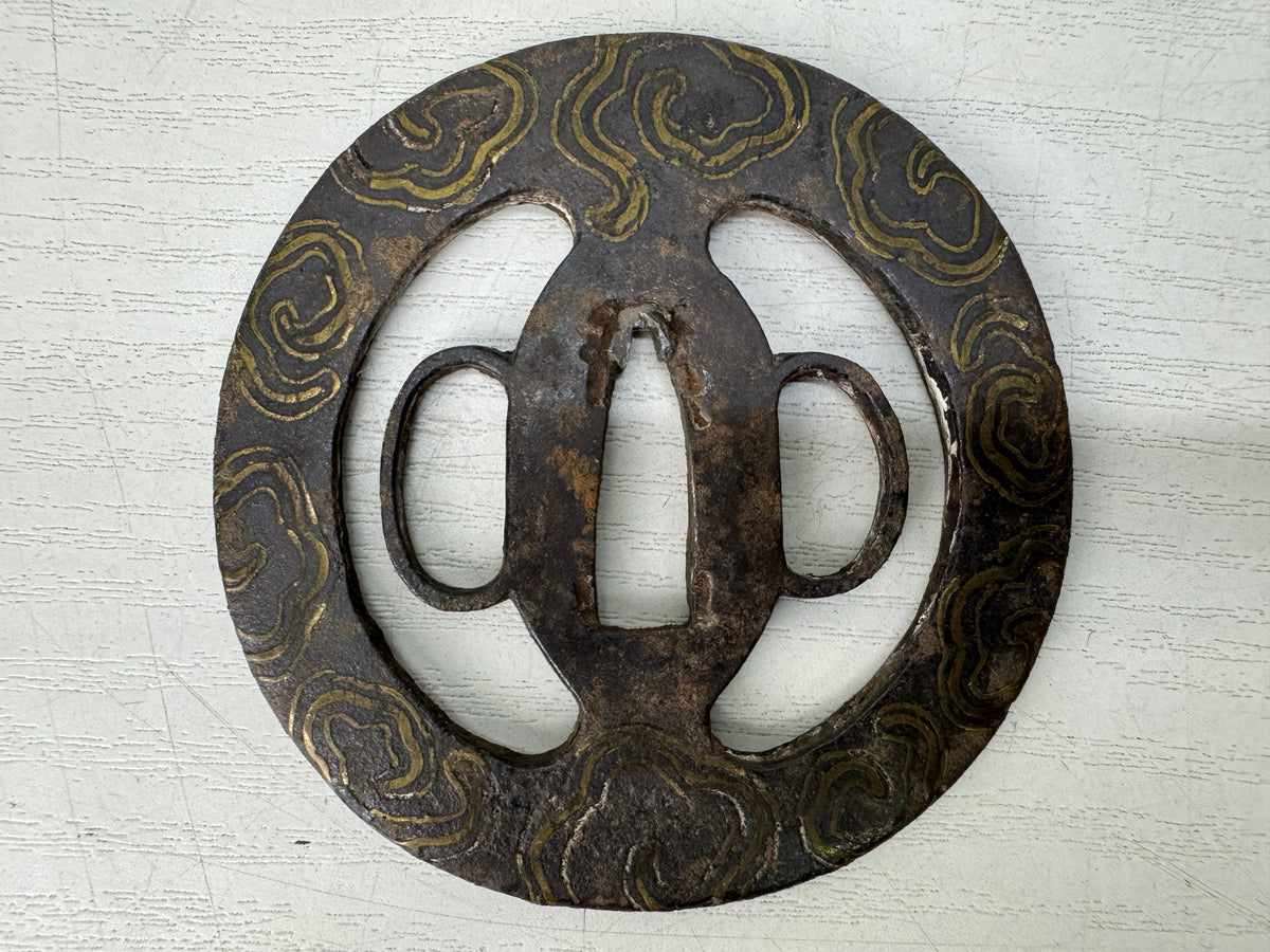 Y11143 TSUBA Iron Sword guard spiral design Inlay　 Japan antique Samurai bushi
