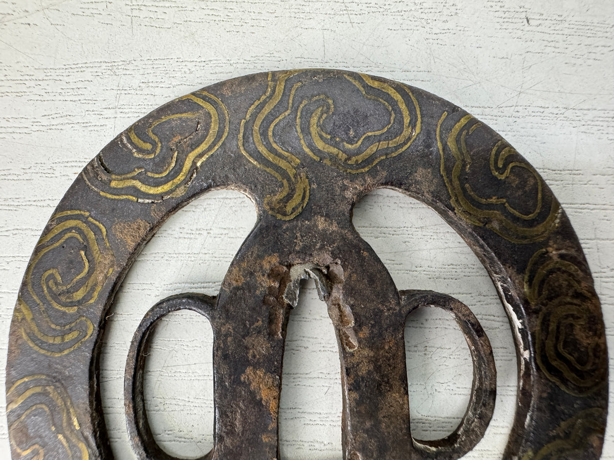 Y11143 TSUBA Iron Sword guard spiral design Inlay　 Japan antique Samurai bushi