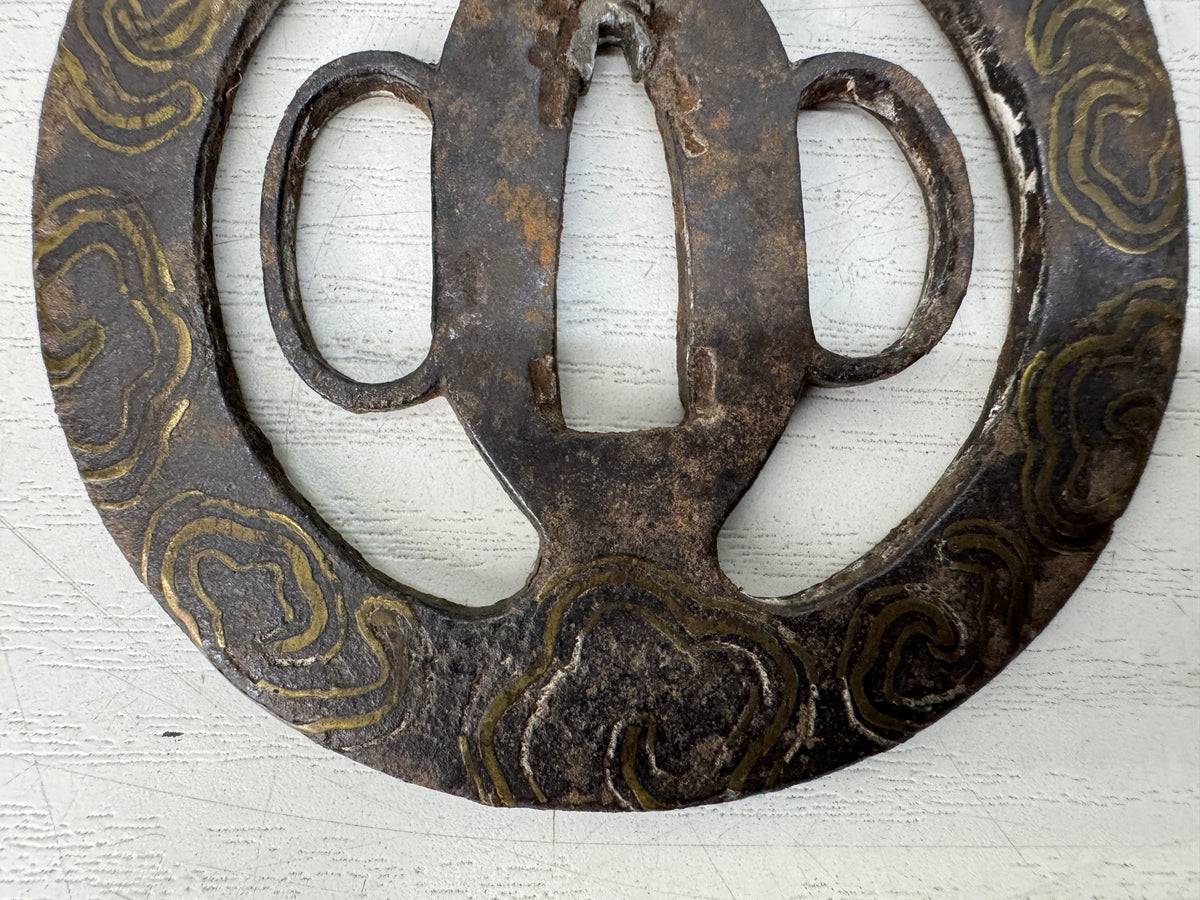 Y11143 TSUBA Iron Sword guard spiral design Inlay　 Japan antique Samurai bushi