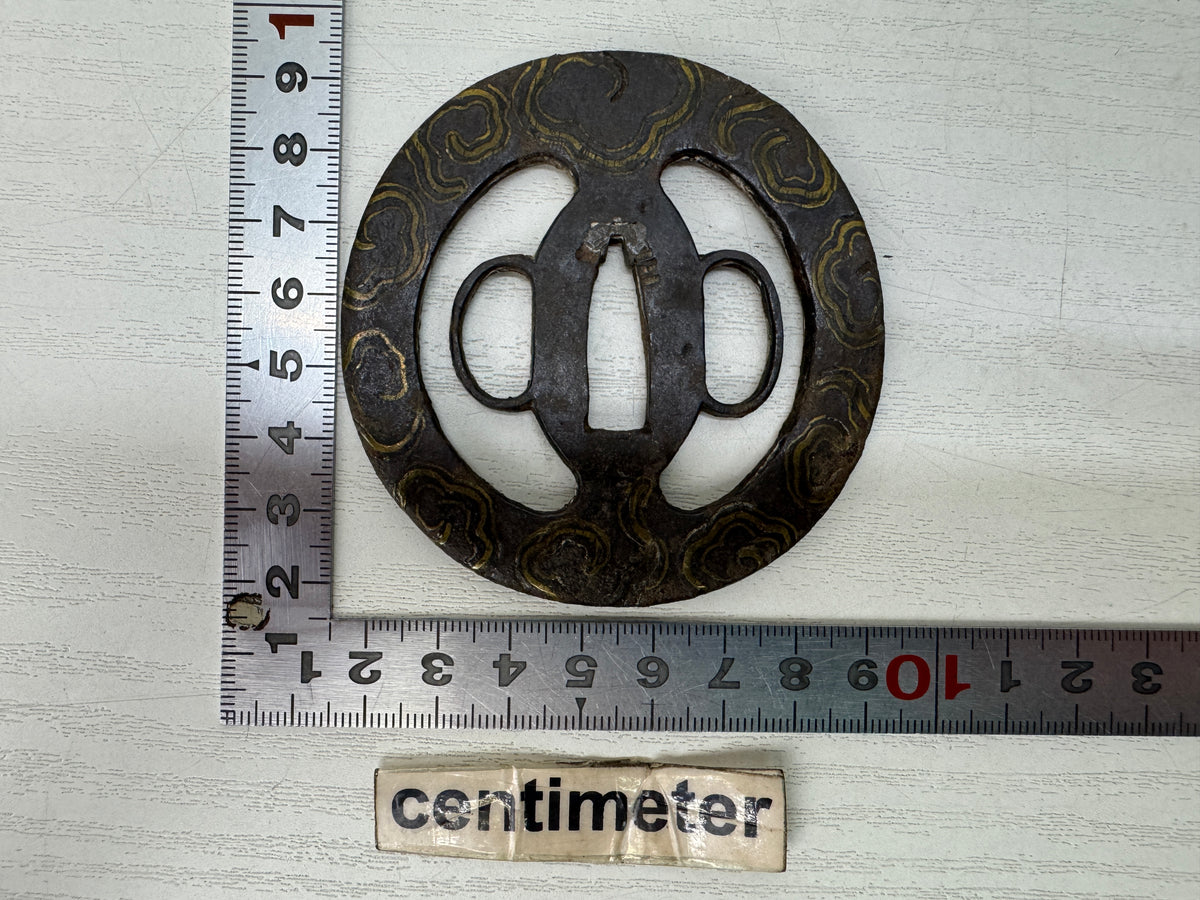 Y11143 TSUBA Iron Sword guard spiral design Inlay　 Japan antique Samurai bushi