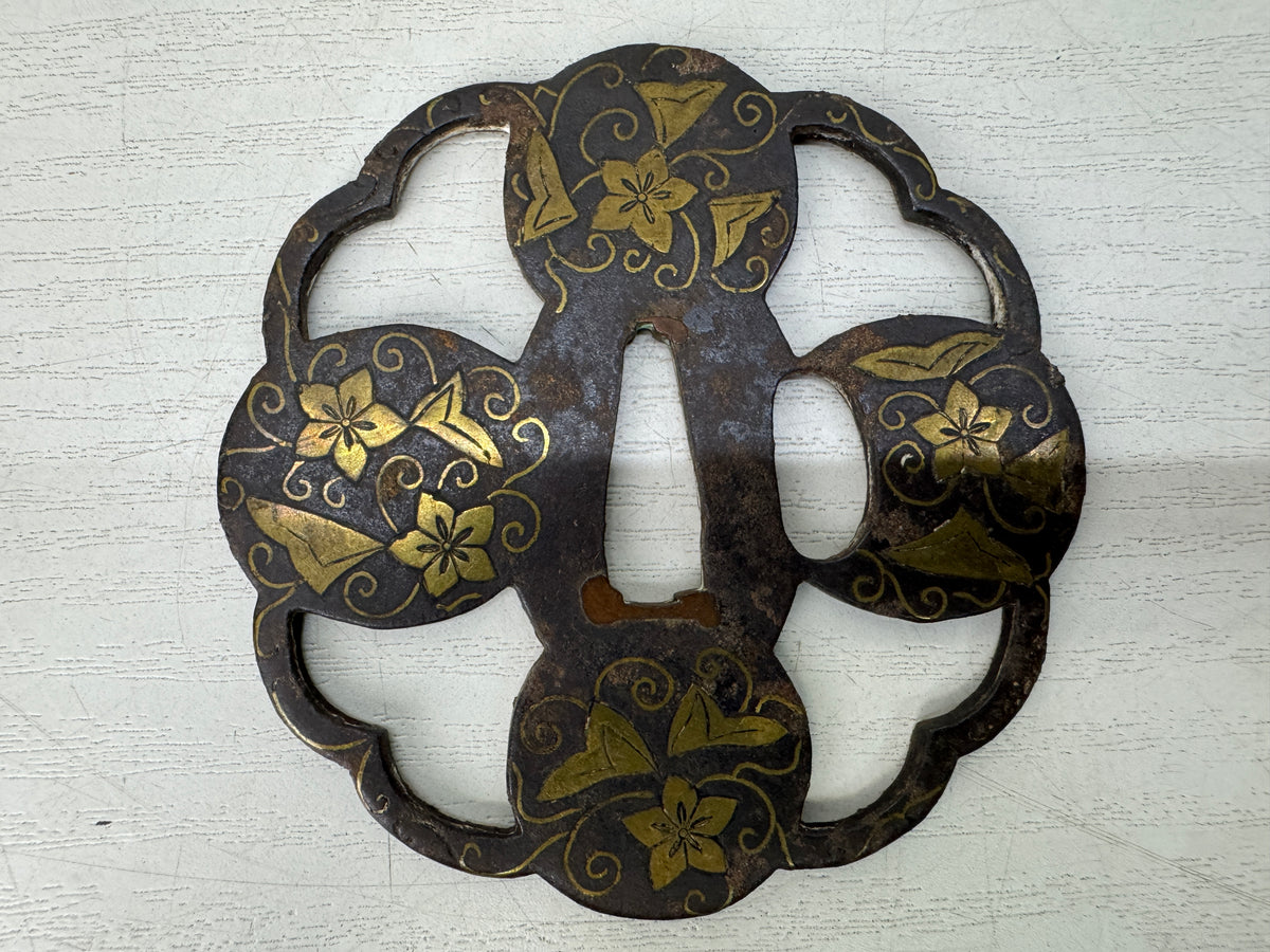 Y11144 TSUBA Iron Sword guard Brass Inlay Heiannjo castle Japan antique bushi