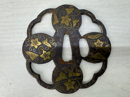 Y11144 TSUBA Iron Sword guard Brass Inlay Heiannjo castle Japan antique bushi