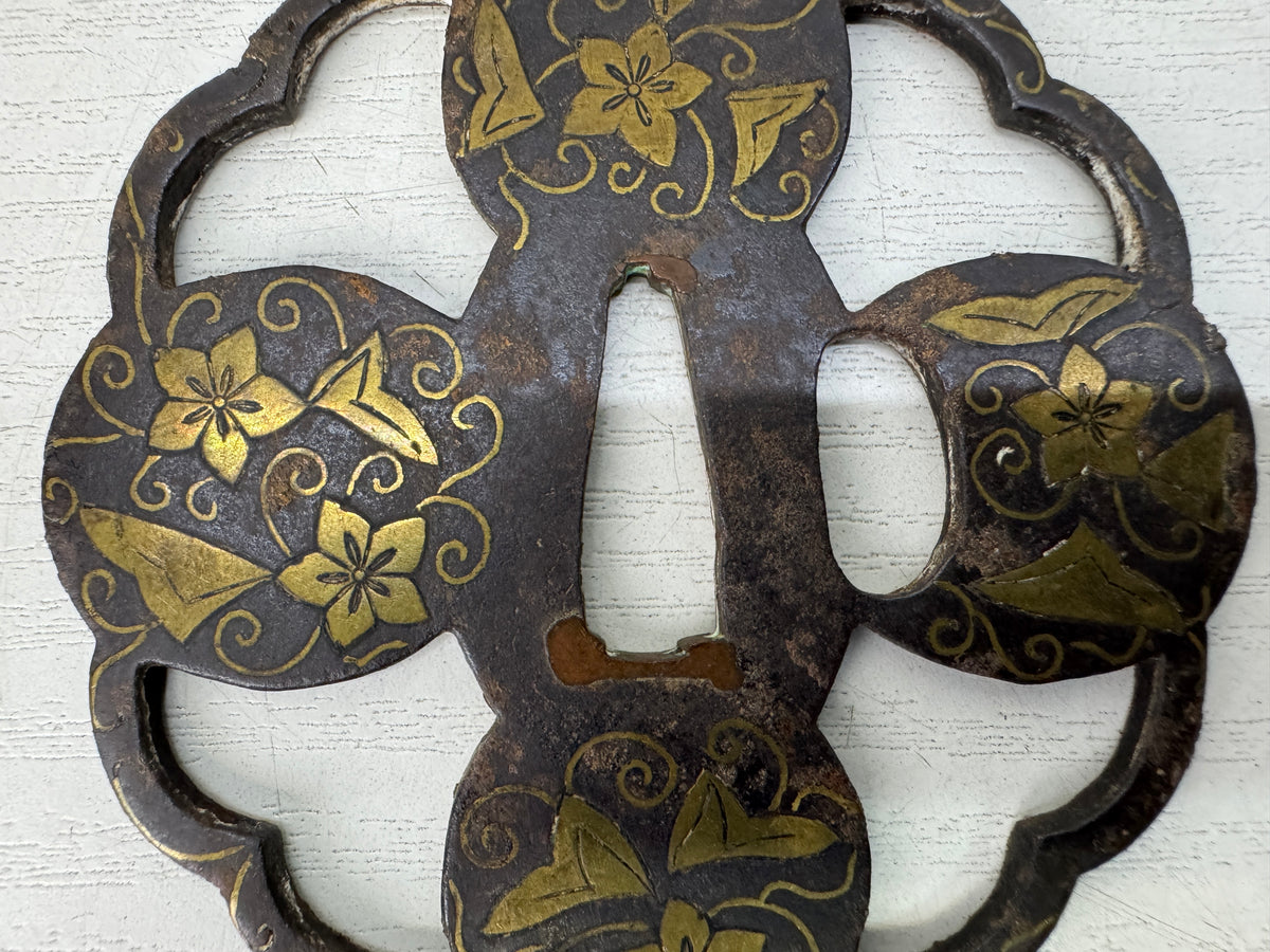 Y11144 TSUBA Iron Sword guard Brass Inlay Heiannjo castle Japan antique bushi