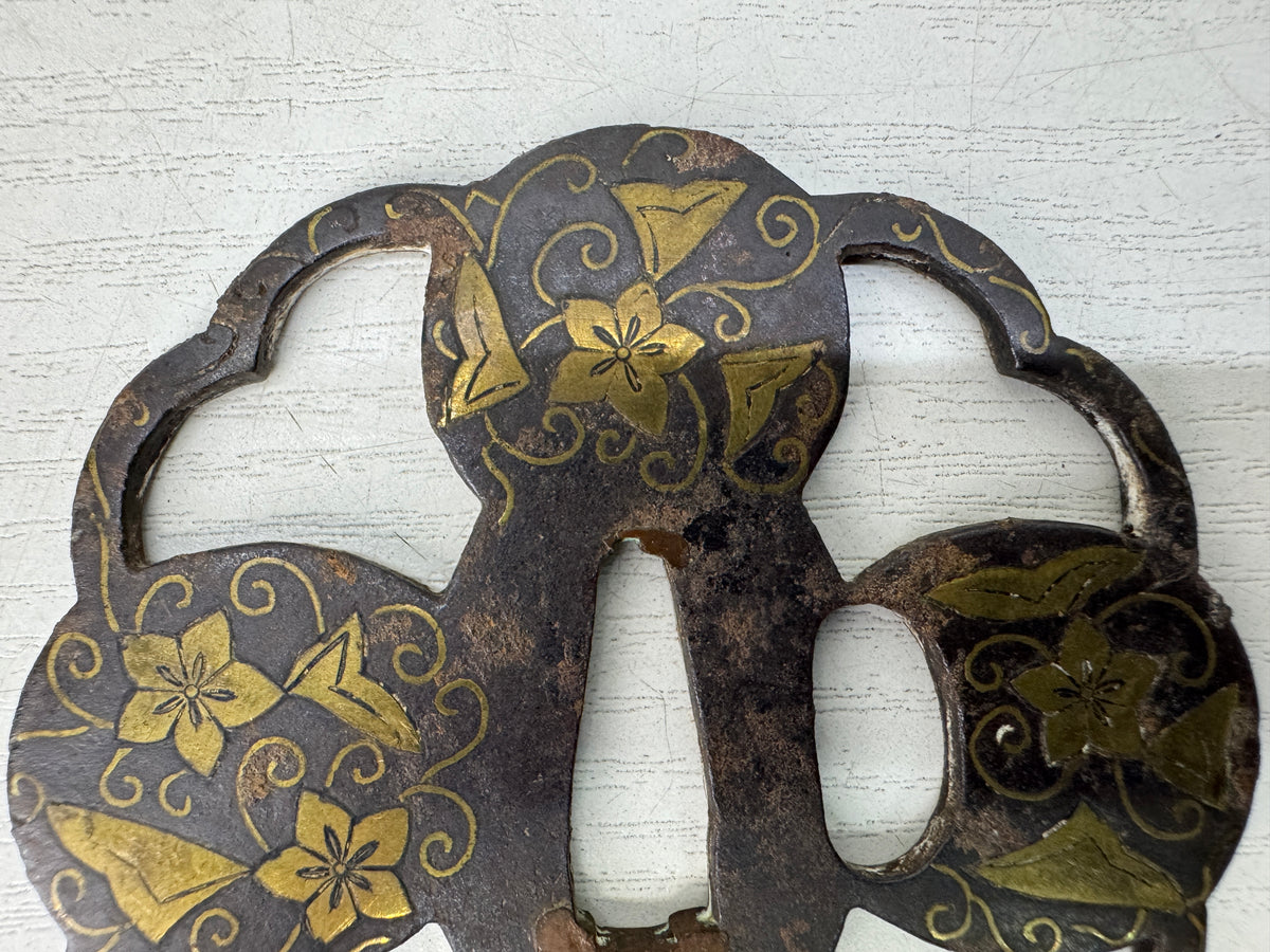 Y11144 TSUBA Iron Sword guard Brass Inlay Heiannjo castle Japan antique bushi