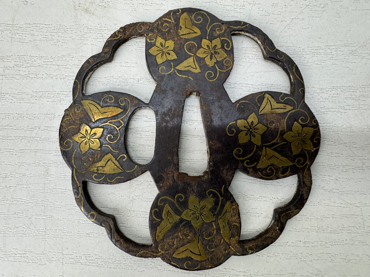 Y11144 TSUBA Iron Sword guard Brass Inlay Heiannjo castle Japan antique bushi