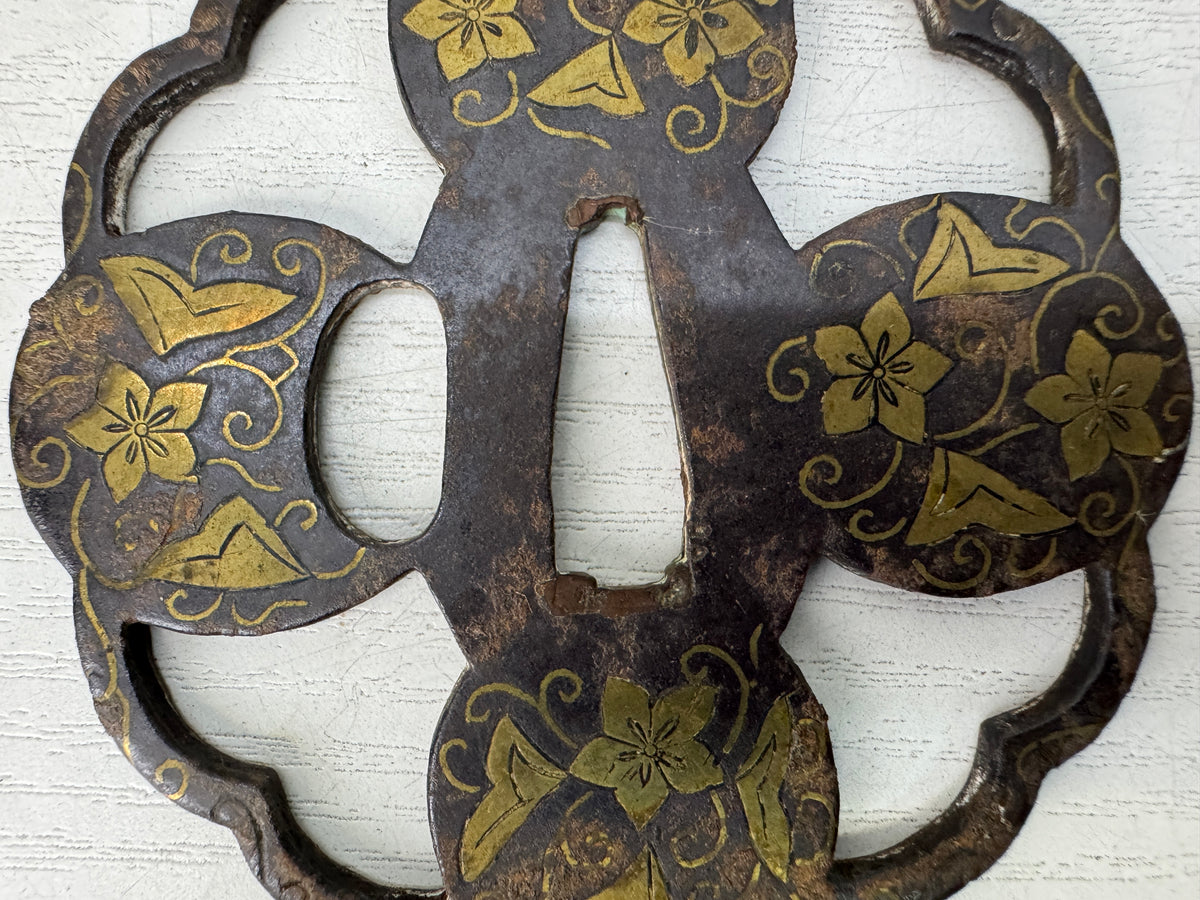 Y11144 TSUBA Iron Sword guard Brass Inlay Heiannjo castle Japan antique bushi