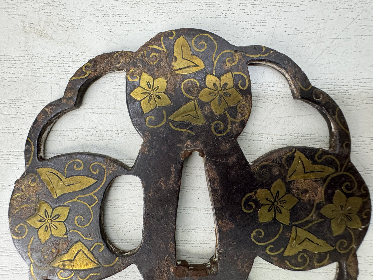 Y11144 TSUBA Iron Sword guard Brass Inlay Heiannjo castle Japan antique bushi
