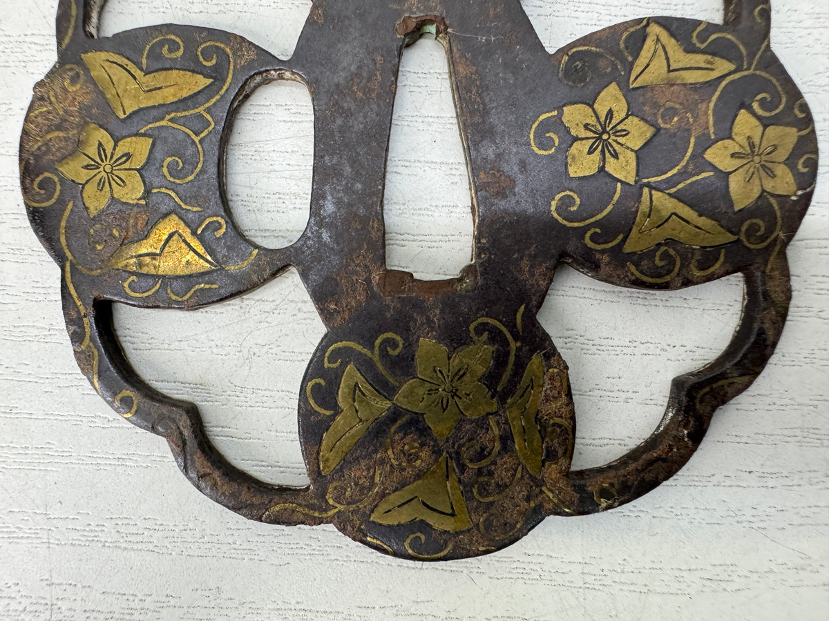 Y11144 TSUBA Iron Sword guard Brass Inlay Heiannjo castle Japan antique bushi